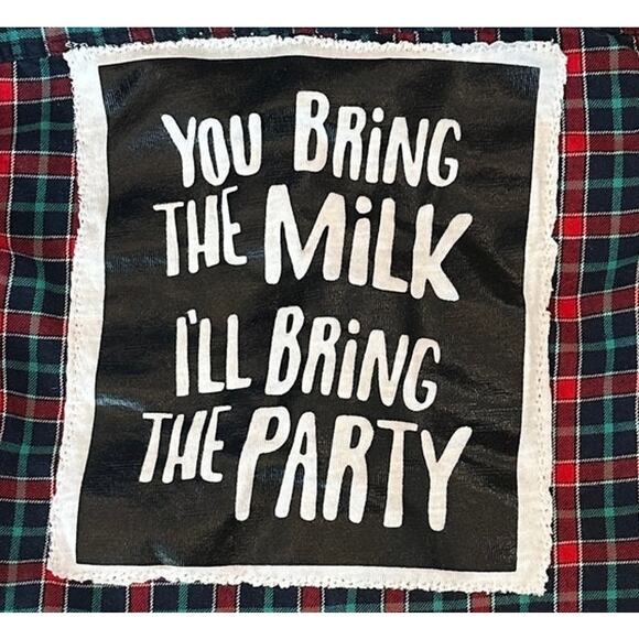 You Bring The Milk I'll Bring The Party Kids Plaid Button Down Shirt 12 M Unique - Picture 2 of 4